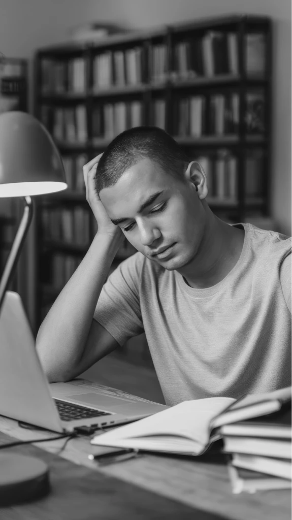 Estudante cansado, com a cabeça baixa sobre uma pilha de livros e cadernos